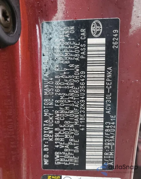 2004 Toyota Camry Le from USA, damaged, VIN 4T1BE32K94U366429